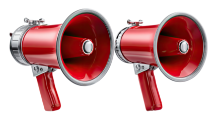 Red Megaphone Duo: Two vibrant red megaphones sit side-by-side, their sleek design hinting at powerful communication and amplified voices. A bold symbol of announcement.