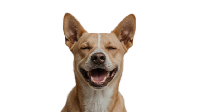 Closeup portrait of a joyful and happy tan dog smiling with eyes closed, isolated on a pure white background studio shot