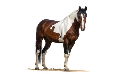 Obraz premium A striking, brown and white paint horse stands tall on a light surface, looking forward, mane and tail flowing