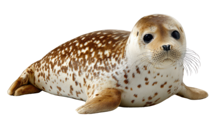 Seal on Land: This captivating image showcases a delightful seal basking in the warmth, its speckled coat a testament to its wild existence. Its curious eyes lock in.