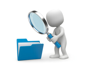 3d character with magnifying glass inspecting open folder symbolizing data analysis and search
