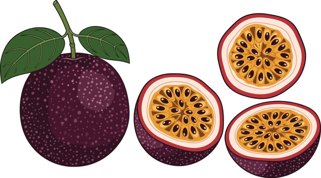 Vibrant Passion Fruit Still Life: Illustration of Whole & Halved Tropical Fruits on White Backdrop, Perfect for Healthy Eating Concepts, Summer Marketing, Vegan Recipes & Nutrition Guides, Bold Colors