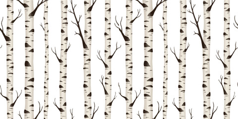 Watercolor seamless pattern of birch trees with branches on a white background. Forest nature illustration.