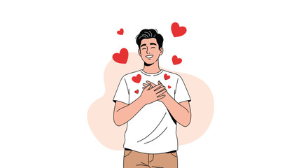 Happy Young Man Expressing Gratitude with Hands on Heart Amidst Floating Hearts on White Backdrop, Conceptual Illustration of Love, Appreciation, Kindness, Wellbeing, and Self-Care for Social Media, W