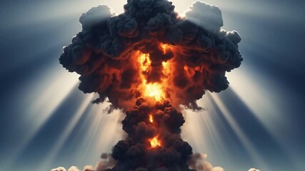 Fiery nuclear explosion erupting in the sky creating massive smoke cloud - Powered by Adobe