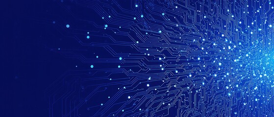 Futuristic blue circuit board background glowing with digital energy lines, symbolizing quantum computing and advanced data networks.