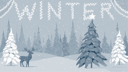 Naklejka premium Illustration of a winter scene with a deer, snow covered trees and the word winter in string lights above it