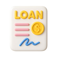 3D loan document icon, yellow text and coin with pink lines and blue signature, isolated on transparent background