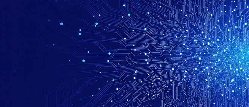 Futuristic blue circuit board background glowing with digital energy lines, symbolizing quantum computing and advanced data networks.