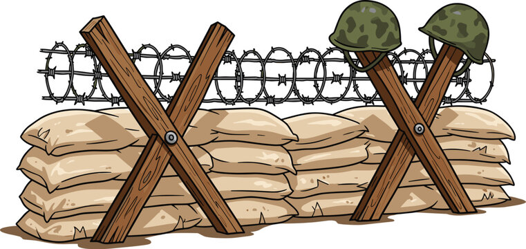 Illustration of a Military Sandbag Bunker with Barbed Wire and Helmets, Providing Defense in a Warzone, symbolizing Conflict and Protection. Use this Graphic Resource for Presentations, Website, or Hi
