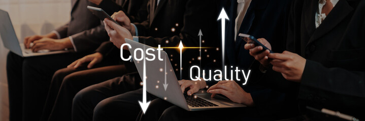 Business professionals interact with smartphones and laptops, illustrating the balance between cost...