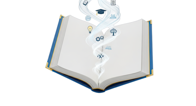 Open book with swirling, abstract icons rising from it