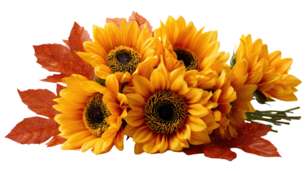 Golden Bloom Bouquet: A vibrant bouquet of radiant sunflowers and accompanying autumnal leaves, each petal whispering tales of nature's beauty and the warmth of the season.