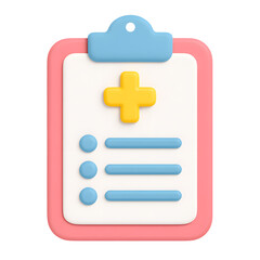 Fototapeta premium 3D medical clipboard icon, white paper with yellow cross and blue checklist, isolated on transparent background