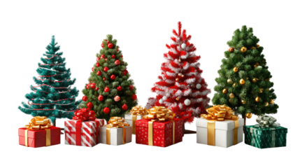 Holiday Cheer with Decorated Trees and Gifts: Several fully decorated Christmas trees stand beside beautifully wrapped gift boxes, the scene evokes a feeling of holiday joy and festive cheer.