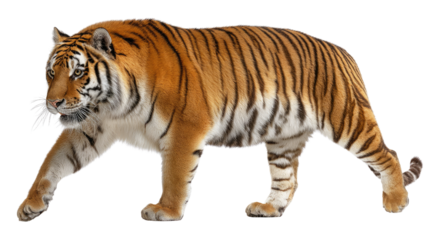 Majestic Tiger in Motion: A powerful and captivating tiger, showcasing its striking orange and black stripes as it strides confidently across an unseen terrain, embodying the raw beauty of the wild.
