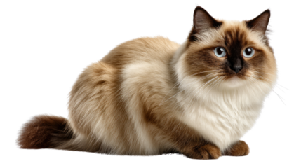 Birman Cat's Luxurious Presence: A stunning Birman cat, admired for its elegant long fur and striking blue eyes, gazes serenely, exhibiting a sense of comfort.