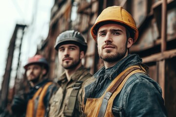 Fototapeta premium Construction workers in safety gear on site during daytime