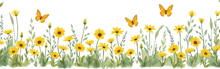 Seamless horizontal floral border with yellow flowers, green leaves, butterflies, and plants. Watercolor pattern on white background.