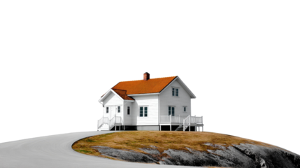 Secluded Home atop a Hill: A charming residence with a vibrant terracotta roof, situated atop a grassy hill. A gentle driveway winds towards the inviting house, against a sky.