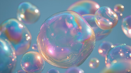 Iridescent Soap Bubbles Floating in Pastel Sky
