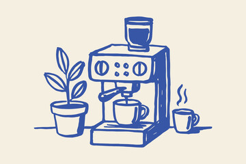 Coffee machine with cups and plant minimalist sketch vector illustration