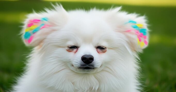 white dog with rainbow-colored ears sits on green grass.