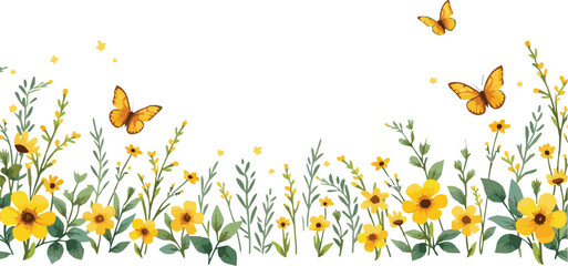 Floral seamless horizontal border with abstract yellow flowers, green leaves and plants, flying butterflies. Watercolor isolated pattern on white back