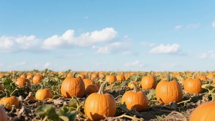 Obraz premium A pumpkin field, against the backdrop of the blue sky, presents the gorgeous harvest and the simple beauty of nature.
