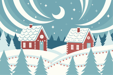 Illustration of two houses with snow covered roofs under a crescent moon and starry sky in winter landscape