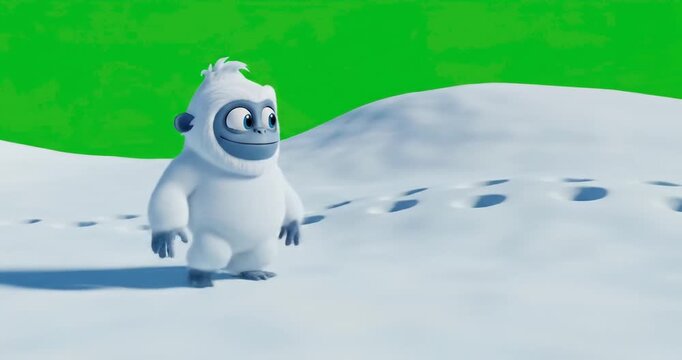 friendly animated yeti character stands alone in a snowy landscape with footprints behind it.