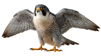 Peregrine Falcon in Mid-Flight: A Peregrine Falcon stands with wings outspread, showcasing its stunning plumage and keen gaze, ready to take flight or land.