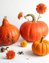 Autumnal Still Life - Pumpkins and Chrysanthemums in Festive Display.