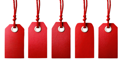 Red Tags Suspended: A close-up shot presents a row of vibrant red tags gracefully suspended, evoking a sense of organized retail. The stark, bold presentation highlights simplicity and retail