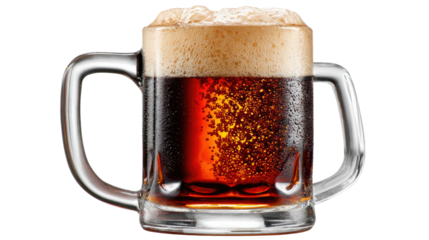 Frothy Stout in Glass Mug: A full glass mug of dark stout beer with a thick, foamy head, enticing the senses with its rich color and inviting texture.