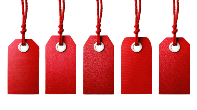Red Tags Suspended: A close-up shot presents a row of vibrant red tags gracefully suspended, evoking a sense of organized retail. The stark, bold presentation highlights simplicity and retail