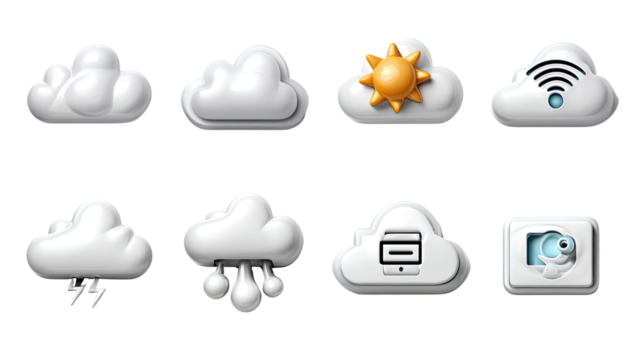 Weather Icons in Sky: A collection of weather icons, depicting diverse sky conditions and technological features, creating a sense of digital clarity and visual communication. - Powered by Adobe
