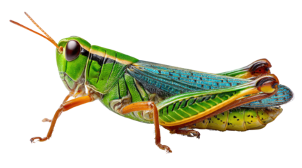 Grasshopper's Portrait: A close-up view of a vibrant grasshopper, showcasing the intricate details of its form and color, poised gracefully with focused and sharp visual.