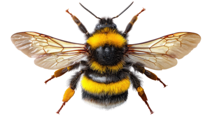 Bumblebee in Flight: A captivating close-up showcases a bumblebee in mid-flight, its wings spread wide against a neutral background.