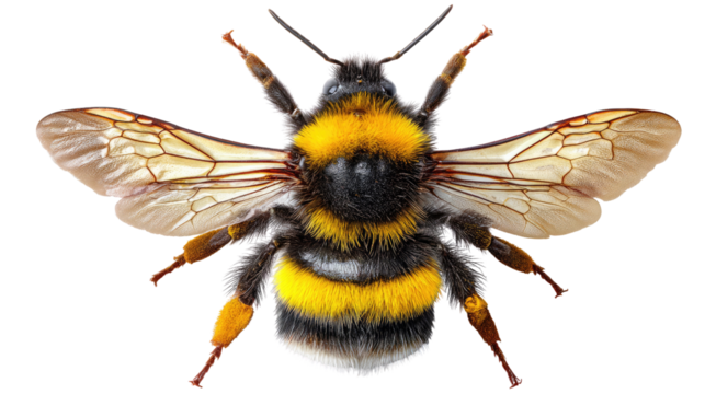 Bumblebee in Flight: A captivating close-up showcases a bumblebee in mid-flight, its wings spread wide against a neutral background.