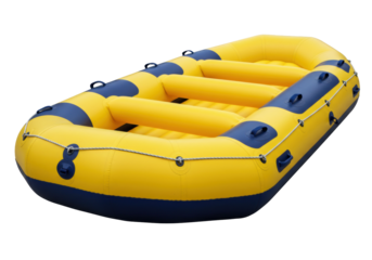 Yellow and blue inflatable raft isolated on transparent background, river rafting boat for outdoor adventure and recreational activities