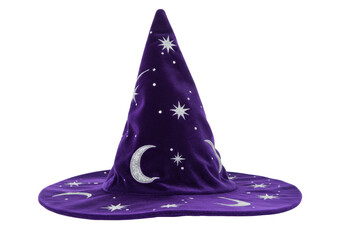 Purple velvet witch hat with silver stars and moon isolated, Halloween costume accessory for magical cosplay on transparent background