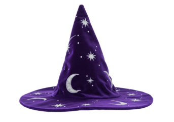 Purple velvet witch hat with silver stars and moon isolated, Halloween costume accessory for magical cosplay on transparent background
