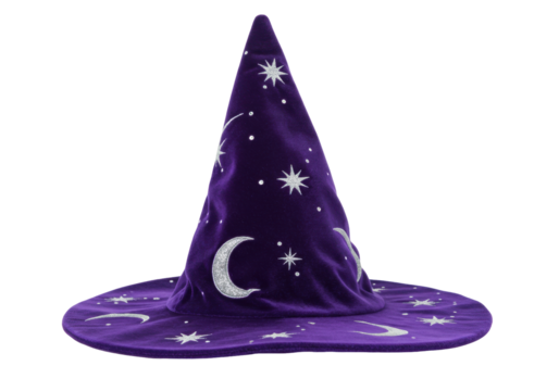 Purple velvet witch hat with silver stars and moon isolated, Halloween costume accessory for magical cosplay on transparent background - Powered by Adobe
