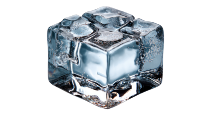 Ice Cube: A close-up shot of a pristine, transparent ice cube, displaying its crystal-clear form and reflecting the play of light