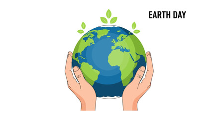Two hands hold a globe with leaves above marked EARTH DAY