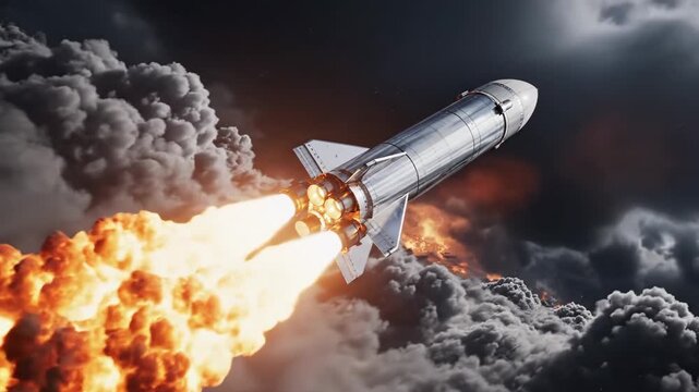 A metallic rocket ascends amidst fiery exhaust and billowing dark clouds in space