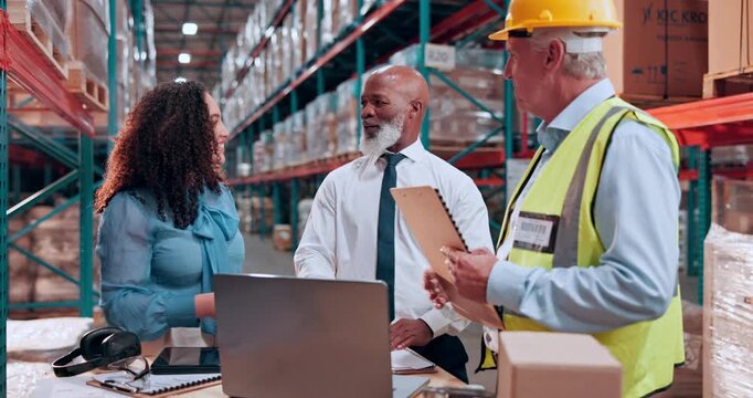 Warehouse, team and people with handshake in meeting for collaboration, planning and logistics. Distribution, shaking hands and workers on computer for supply chain agreement, production and shipping