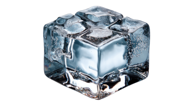Ice Cube: A close-up shot of a pristine, transparent ice cube, displaying its crystal-clear form and reflecting the play of light