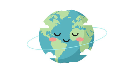 A cartoon Earth with a serene face surrounded by a light blue orbit line